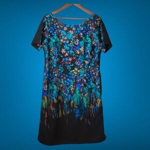 Danillo Boutique Shift Dress Size 1X Blue & Black Floral Design